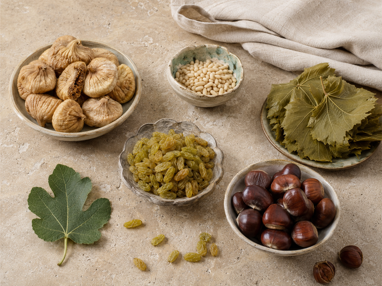 Aegean figs, Sultaniye raisins, pine nuts, chestnuts and grape leaves