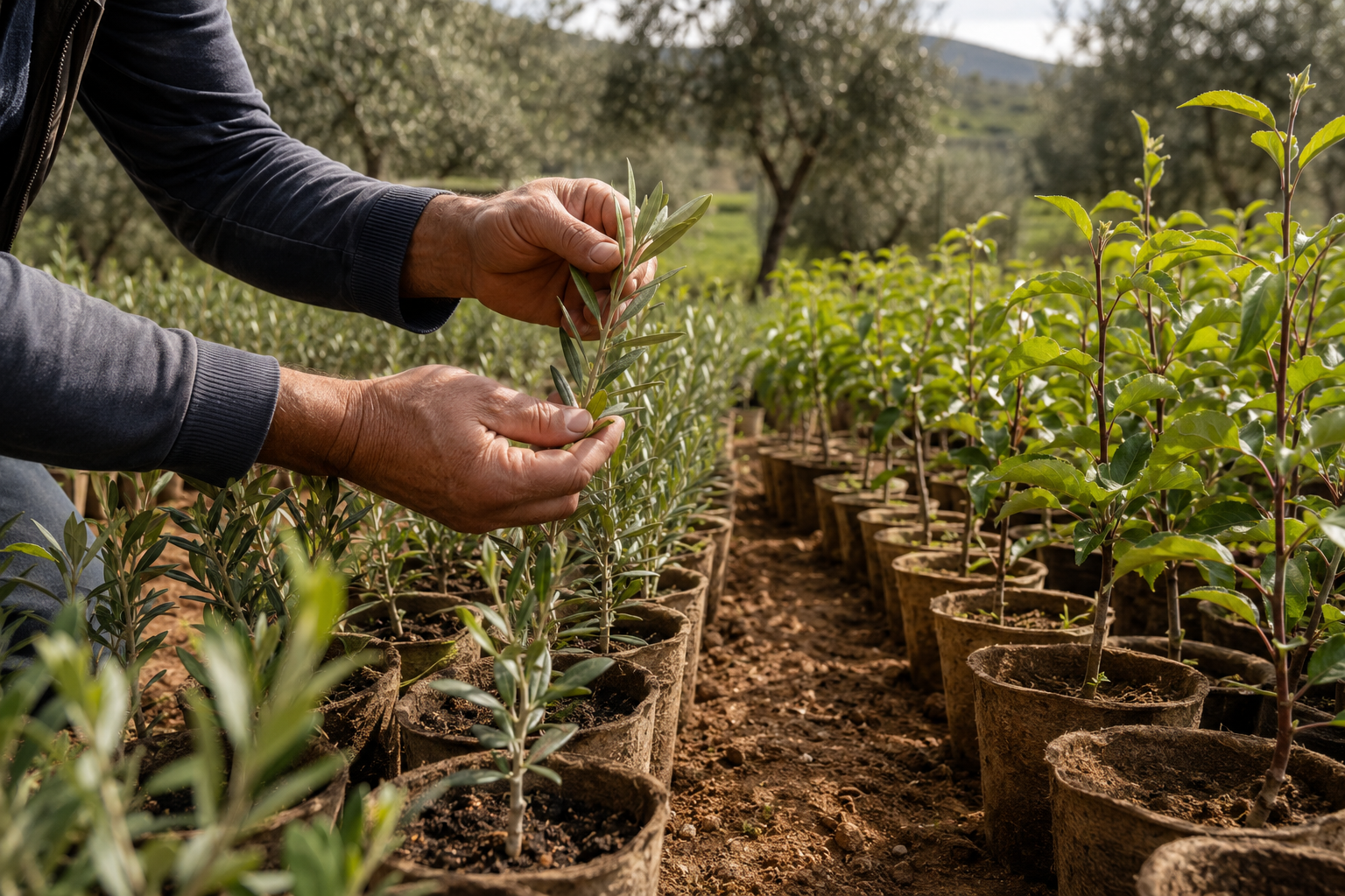 Grower tending fruit saplings in an Aegean nursery